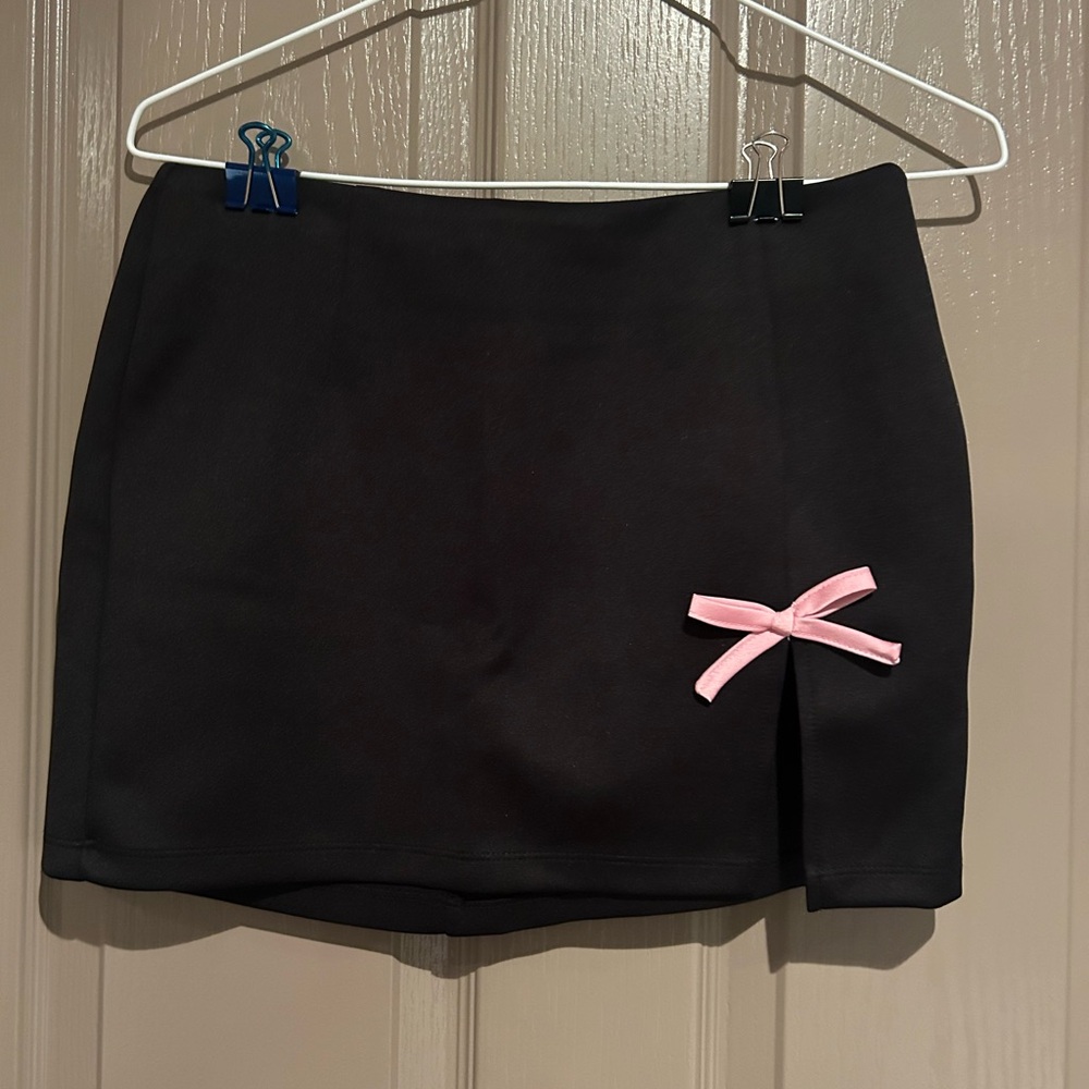 Black Mini Skirt with Leg Slit and Bow